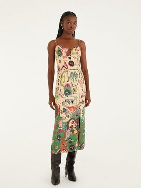 FARM Rio Beige Artsy Surreal Land Beaded Sleeveless Midi Dress